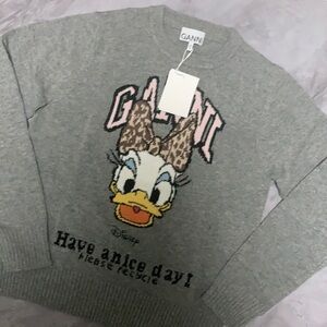 Ganni x Disney Daisy Duck Grey Sweater Leopard Bow accent size Small